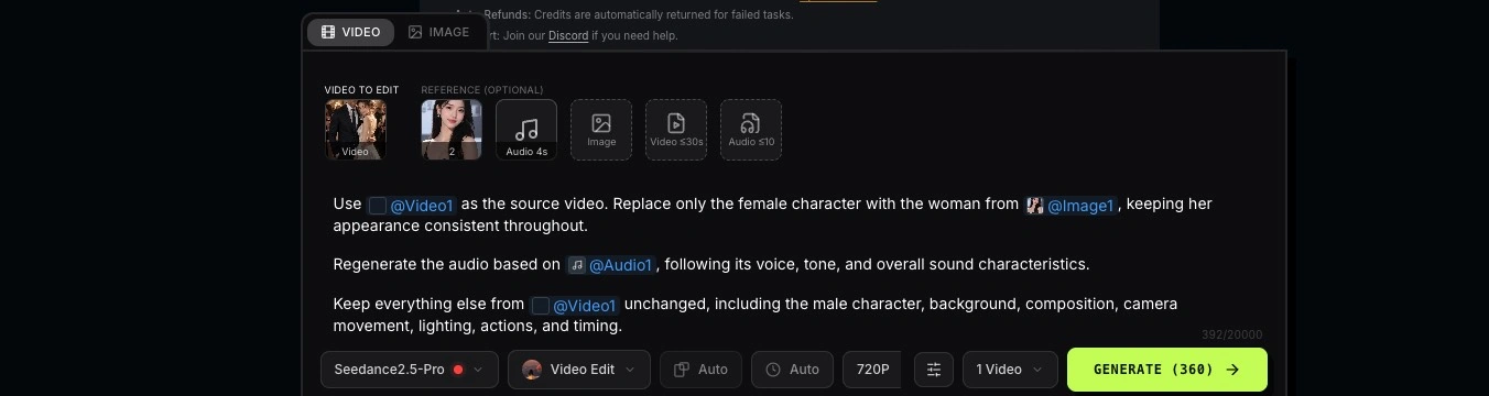 Using @mentions for reference materials in the Seedance 2.5 generator