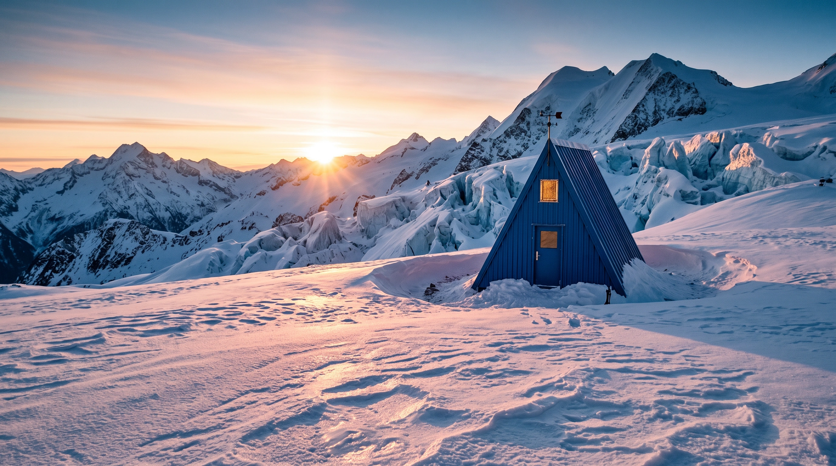 Nano Banana 2.1 Bildbearbeitungsbeispiel: eine blaue Hütte in einer verschneiten Berglandschaft