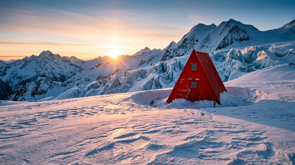 Originalreferenz: eine rote Hütte in den verschneiten Bergen bei Sonnenaufgang