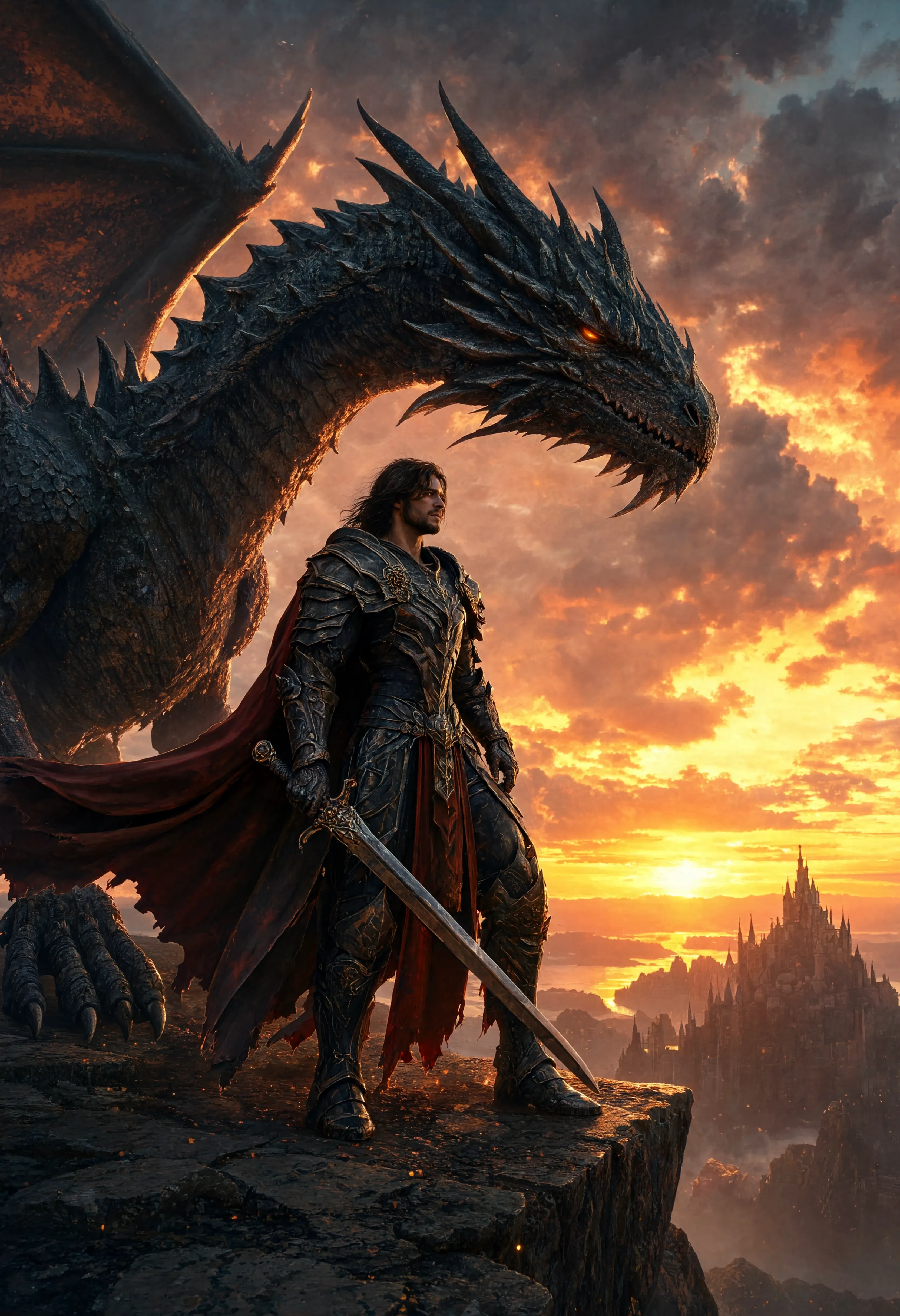 Fantasy AI image of an armored warrior standing beside a black dragon