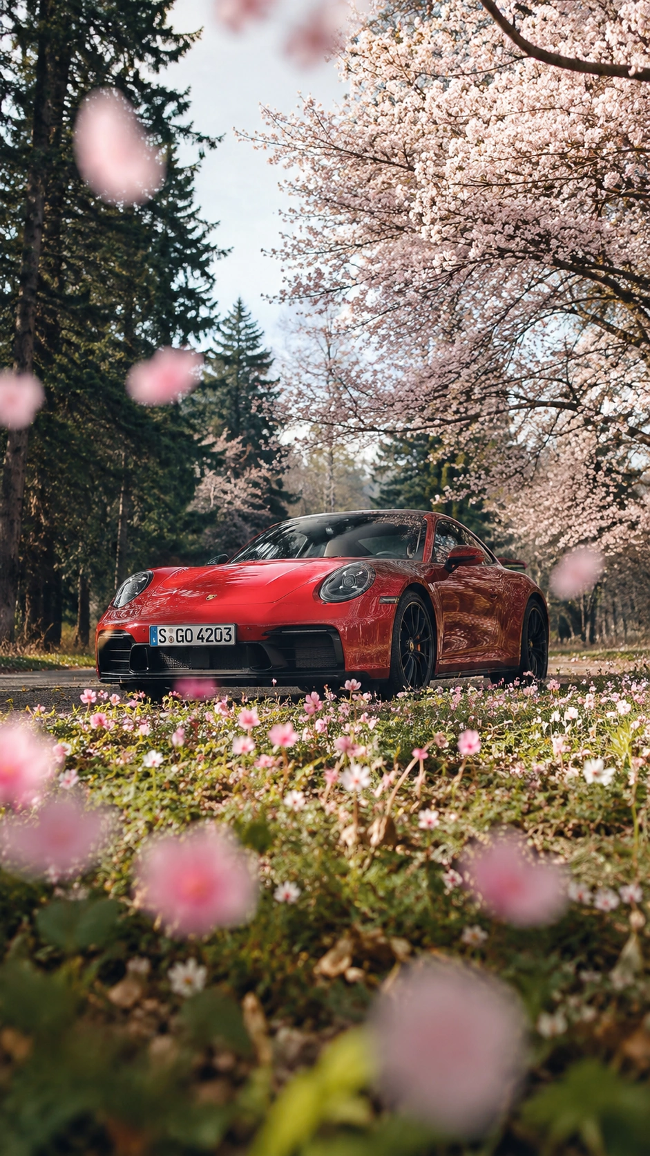 AI image of a red sports car parked under cherry blossoms