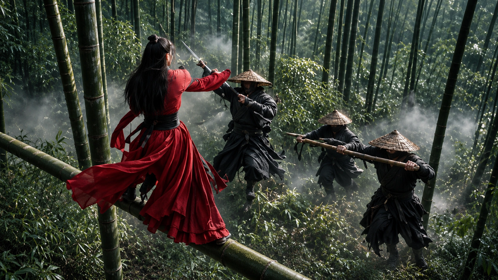 Kling 4.0 — A cinematic martial arts sequence in the bamboo forest — vista previa del vídeo
